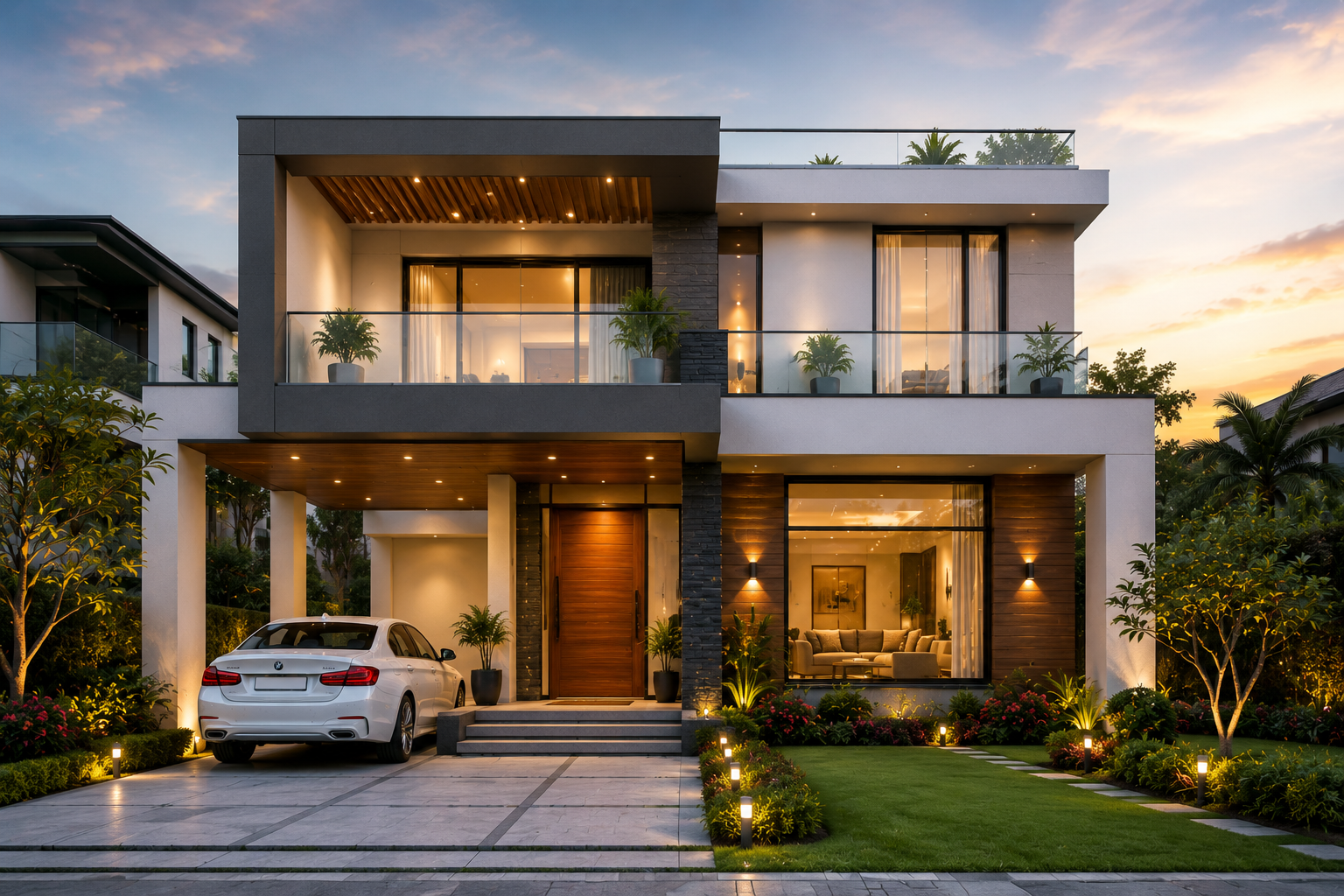 Luxury property exterior at dusk