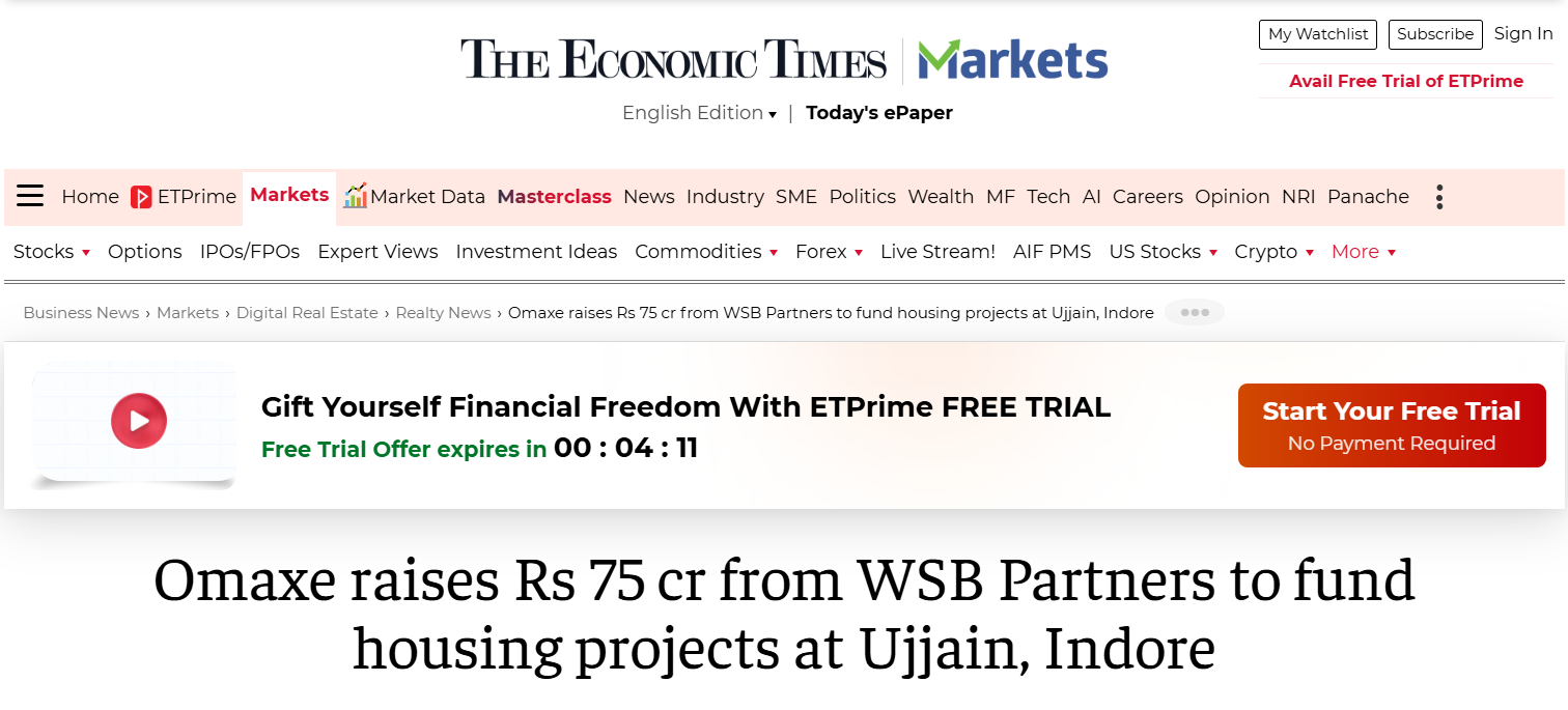 Omaxe raises Rs 75 cr from WSB Partners to fund housing projects at Ujjain, Indore